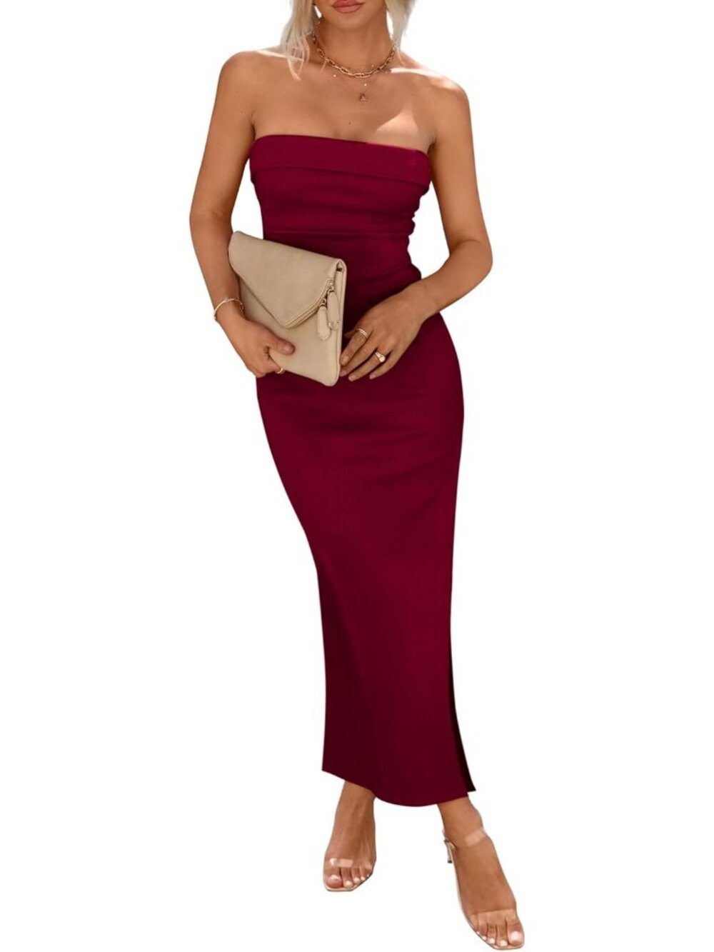Women's Wine Red Summer Bodycon Maxi Tube Dress Ribbed Strapless Side Slit Long